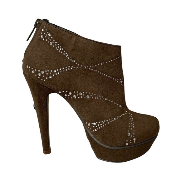Womens MICHAEL ANTONIO Brown Rhinestone Studded Platform Ankle Booties Heels 7 - Picture 4 of 11